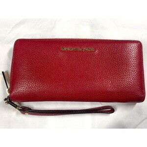 Michael Kors Wallet Womens Large Red Pebble Leather Zip Around Wristlet Purse